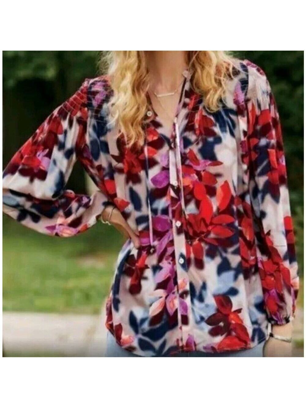 Soft Surroundings Celandine Floral Peasant Blouse Smocked Boho Women's Size M